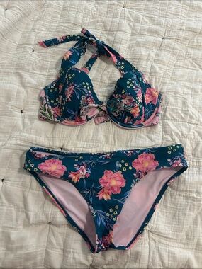 Adore Me Teal Floral Halter Bikini with Pink Accents